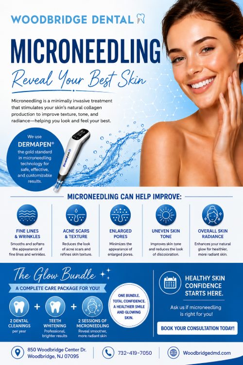 At Woodbridge Dental, our microneedling treatment helps reveal your healthiest, most radiant skin. Using advanced Dermapen® technology, we stimulate natural collagen production for smoother, youthful-looking skin. Enhance texture, tone, and overall radiance with our safe, minimally invasive microneedling sessions. For more information, contact us or schedule an appointment online. We are conveniently located at 850 Woodbridge Center Dr. Woodbridge, NJ 07095. At Woodbridge Dental, our microneedling treatment helps reveal your healthiest, most radiant skin. Using advanced Dermapen® technology, we stimulate natural collagen production for smoother, youthful-looking skin. Enhance texture, tone, and overall radiance with our safe, minimally invasive microneedling sessions. For more information, contact us or schedule an appointment online. We are conveniently located at 850 Woodbridge Center Dr. Woodbridge, NJ 07095.